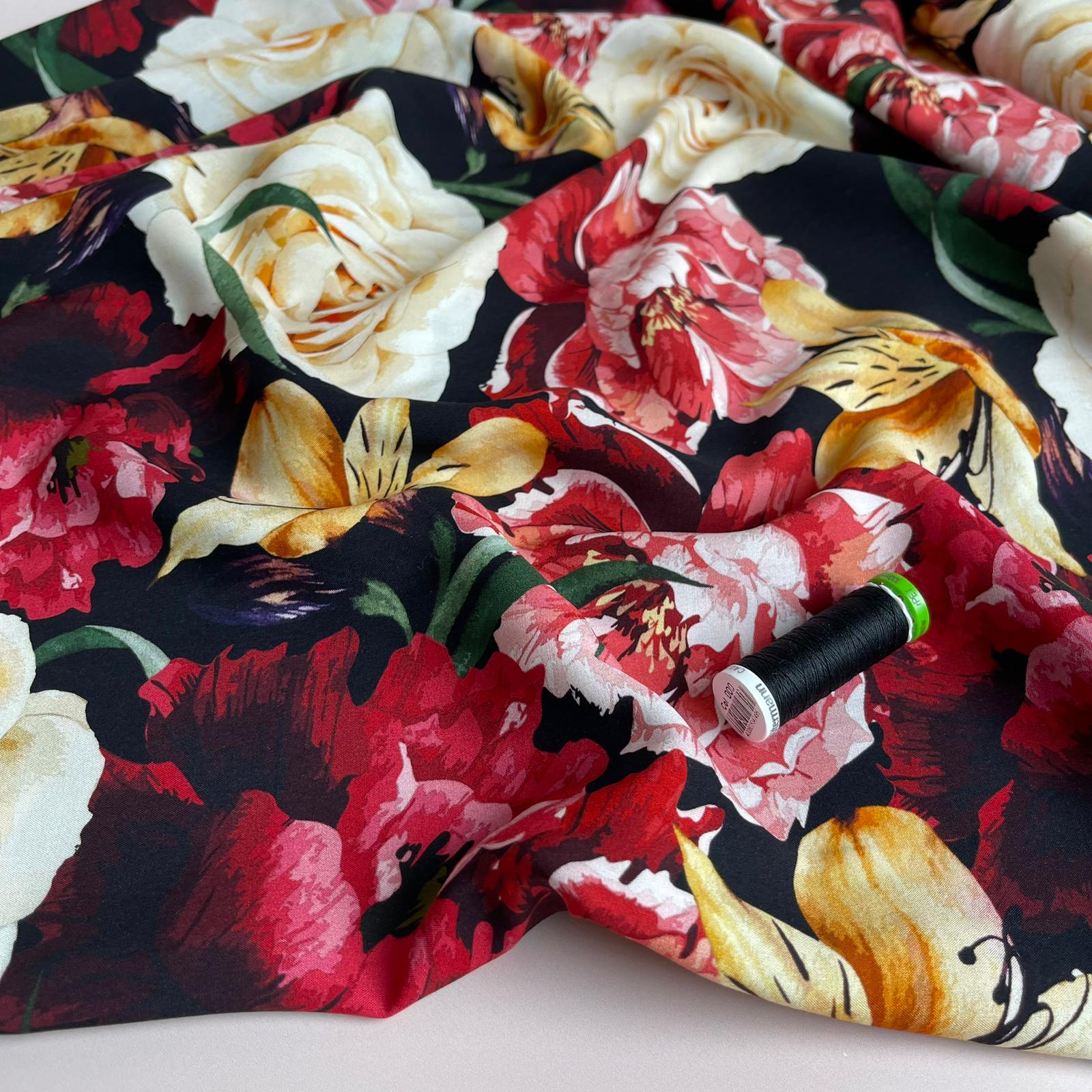 REMNANT 0.69 Metre - Romance Flowers on Black Viscose Fabric