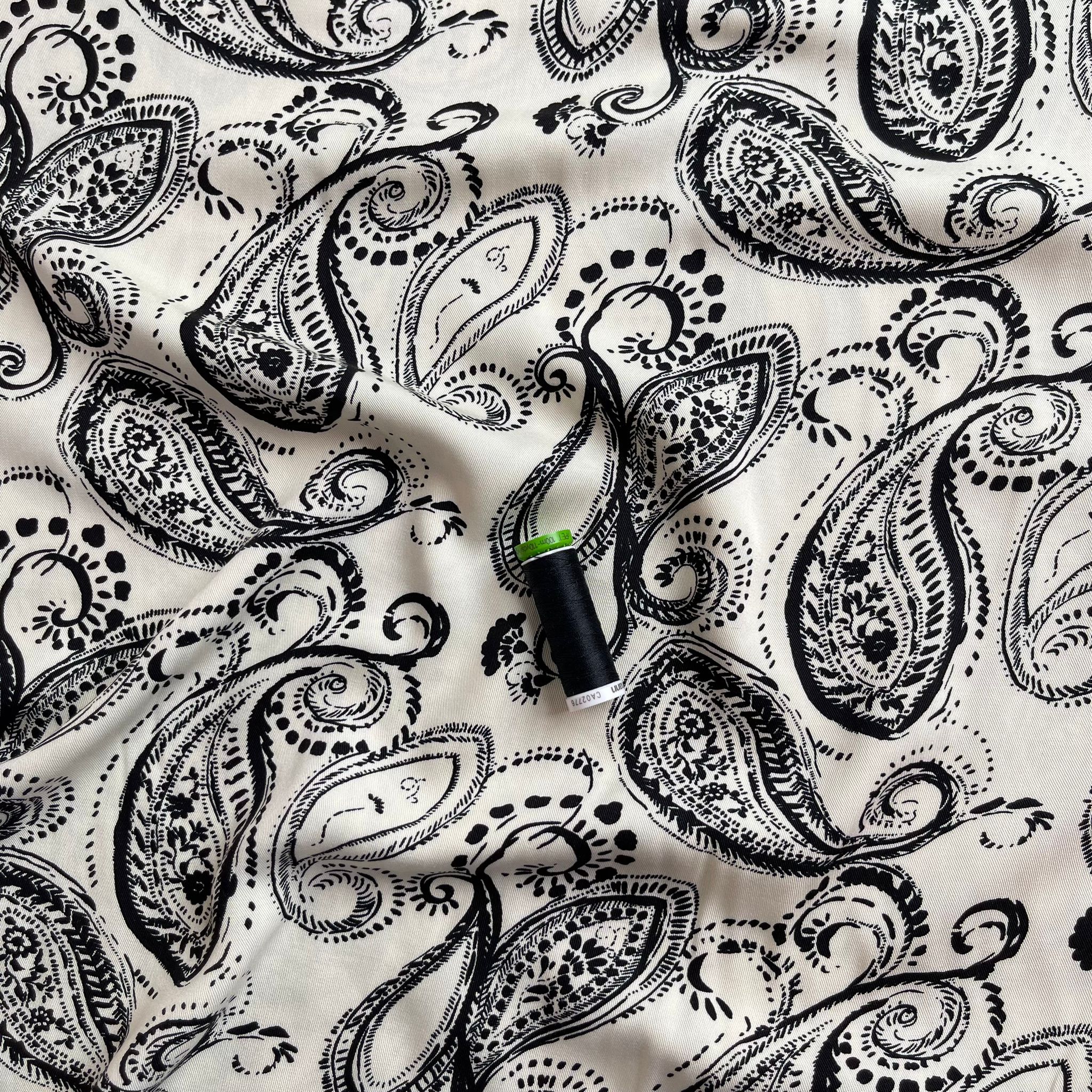 Black Paisley on Off-White Viscose Twill Fabric