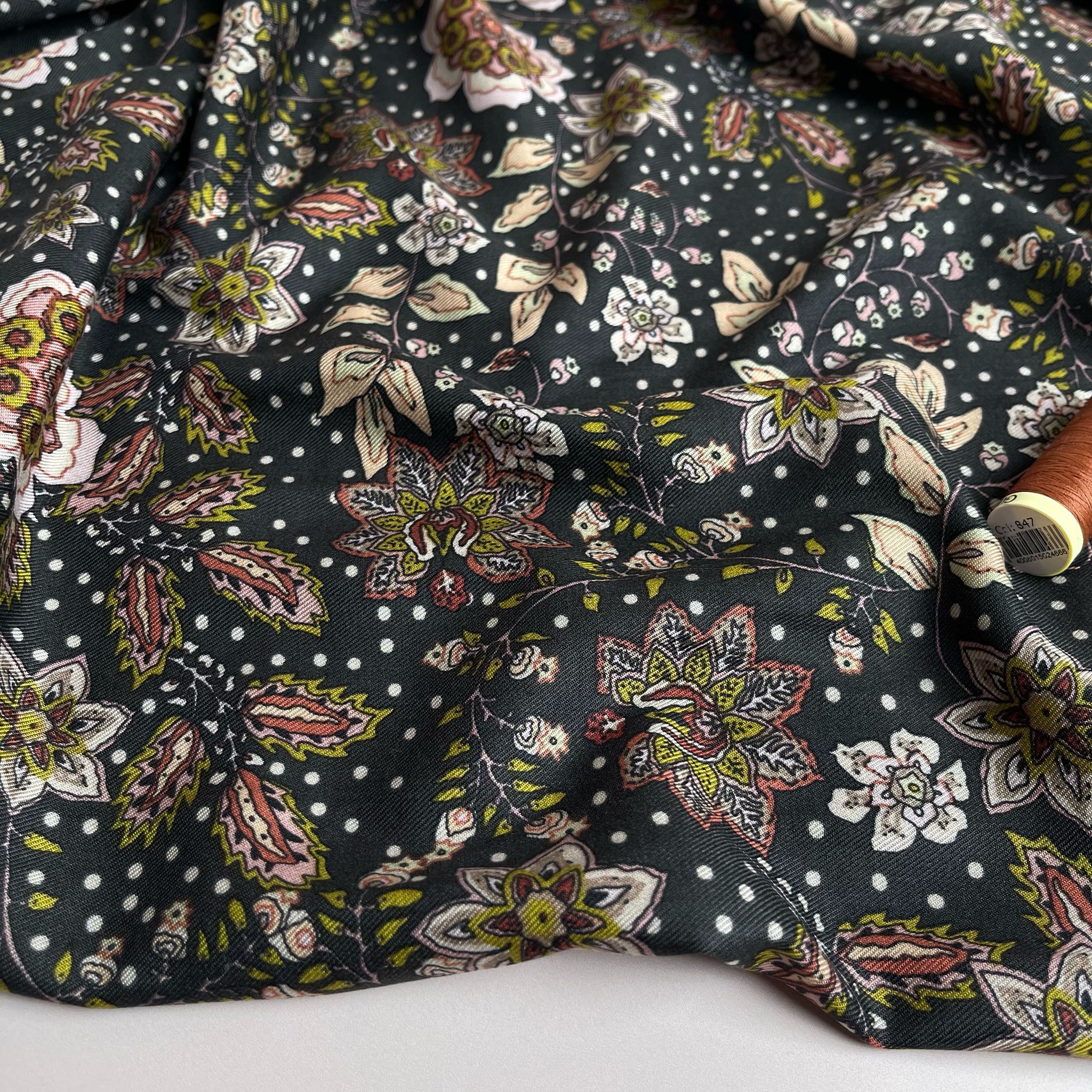 Autumn Paisley Flowers on Black Viscose Twill Fabric