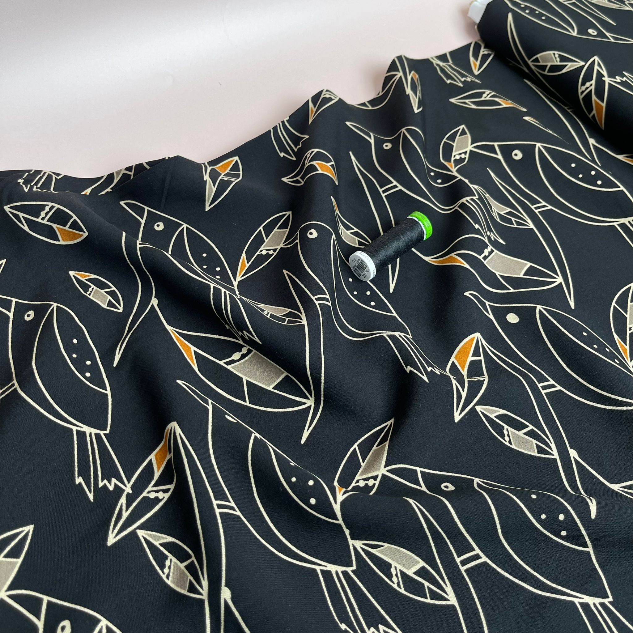 Graphic Birds Orange on Black Viscose Poplin Fabric