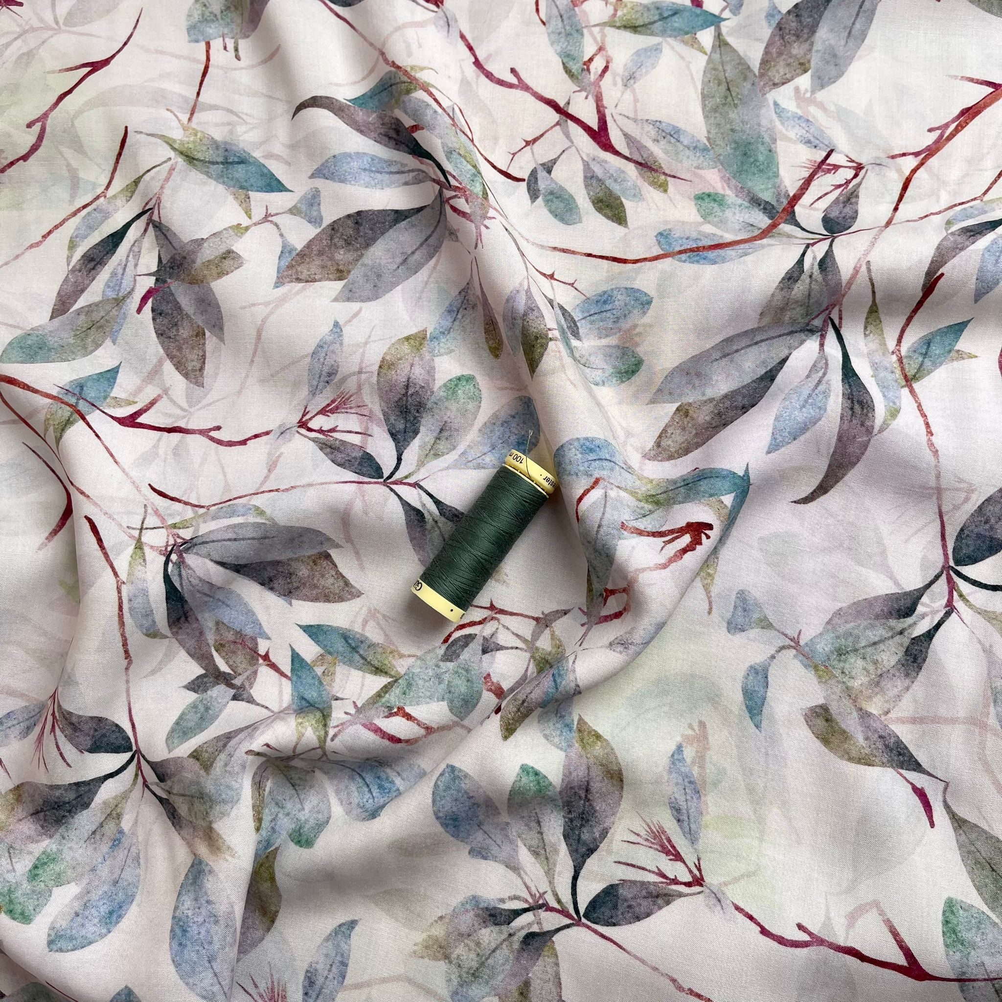REMNANT 2.11 Metres - Watercolour Willow on White Viscose Fabric