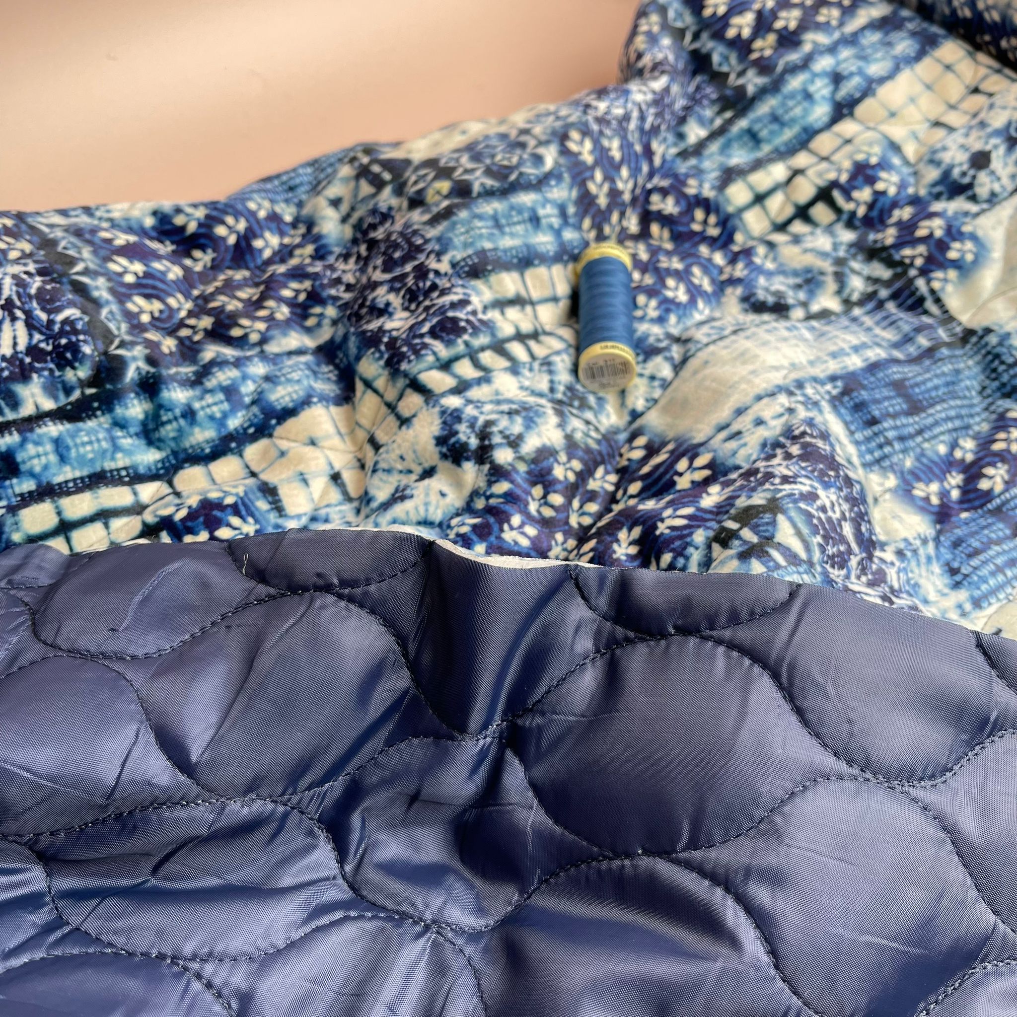 Patchwork Navy Blue Quilted Velvet Fabric