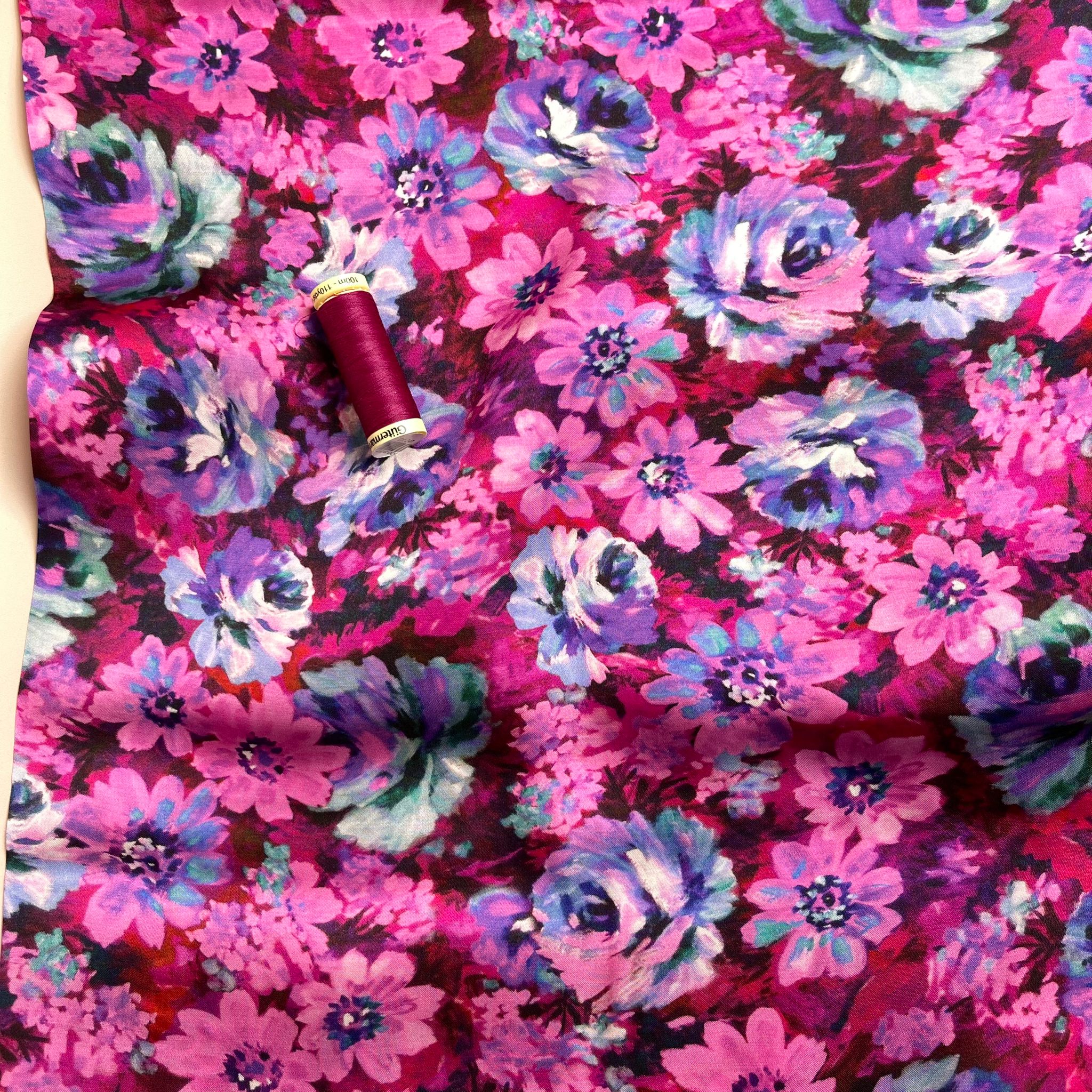 REMNANT 1.16 Metres - Magenta Meadow Viscose Sateen Fabric