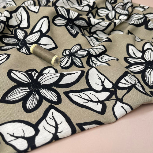 Monochrome Flowers on Taupe Viscose Linen Fabric