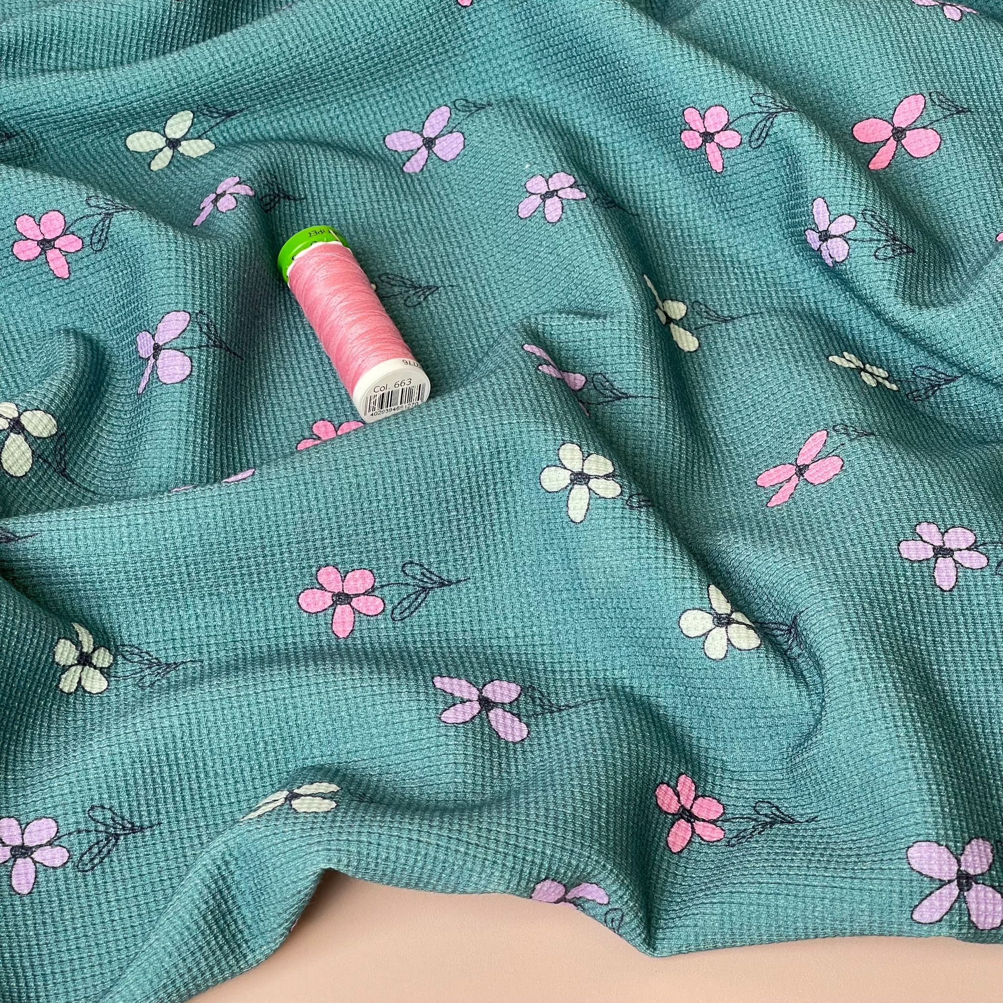 Pretty Flowers on Teal Cotton Waffle Jersey