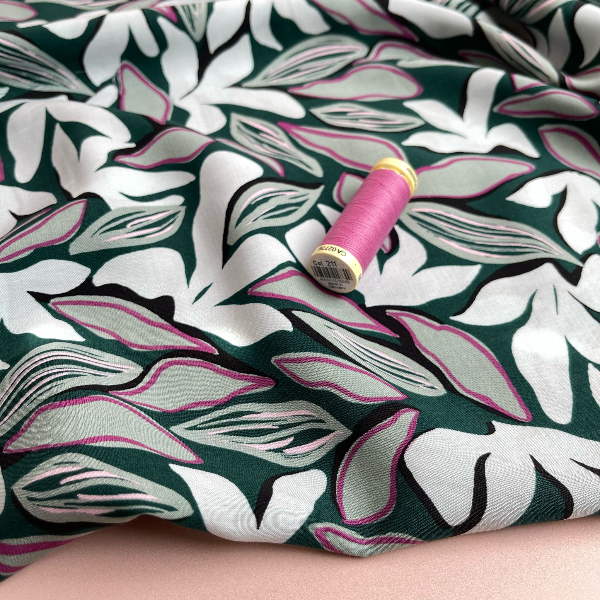 Abstract Leaves on Bottle Green Viscose Fabric