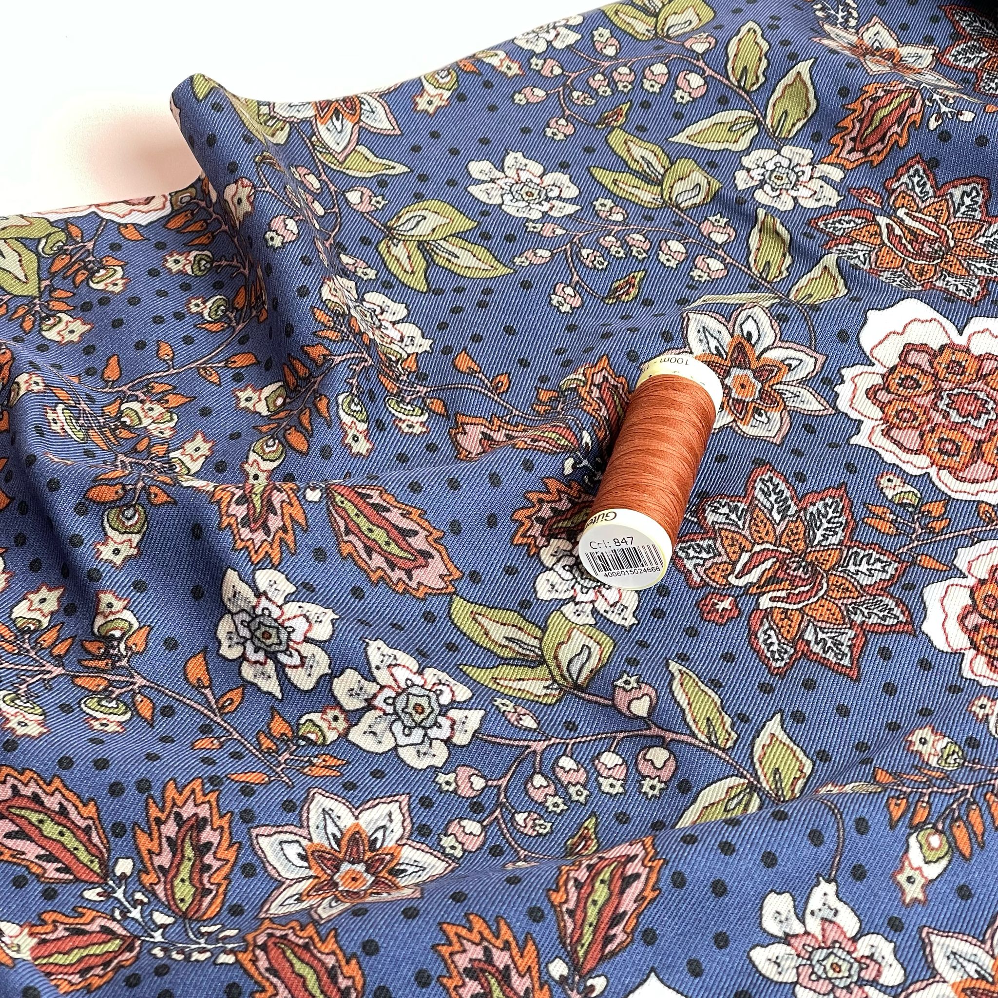 Autumn Paisley Flowers on Blue Viscose Twill Fabric