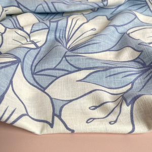 REMNANT 1.24 Metres - Blue Leaves on Soft Washed Linen Cotton Fabric