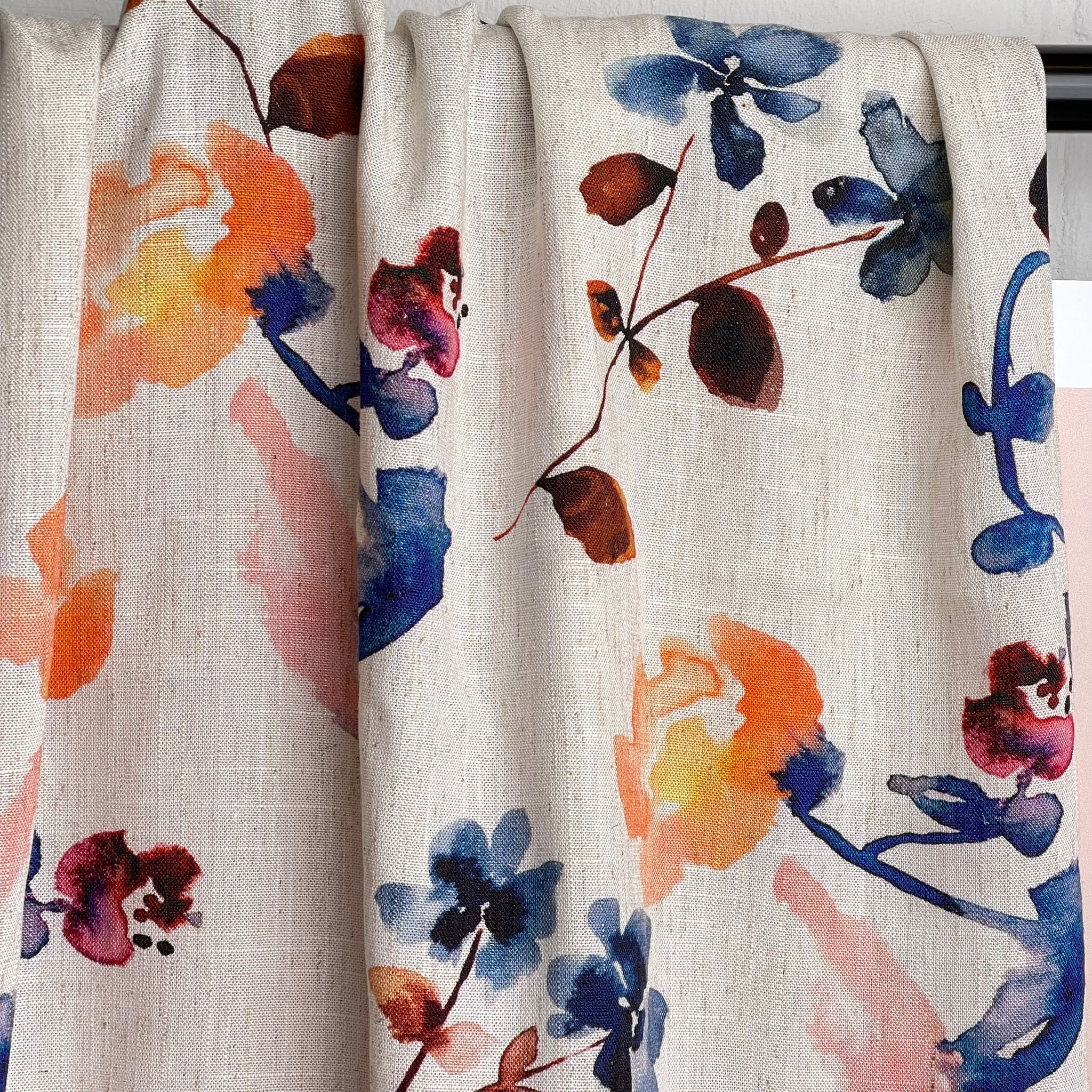 Apricot and Blue Florals Viscose Linen Fabric