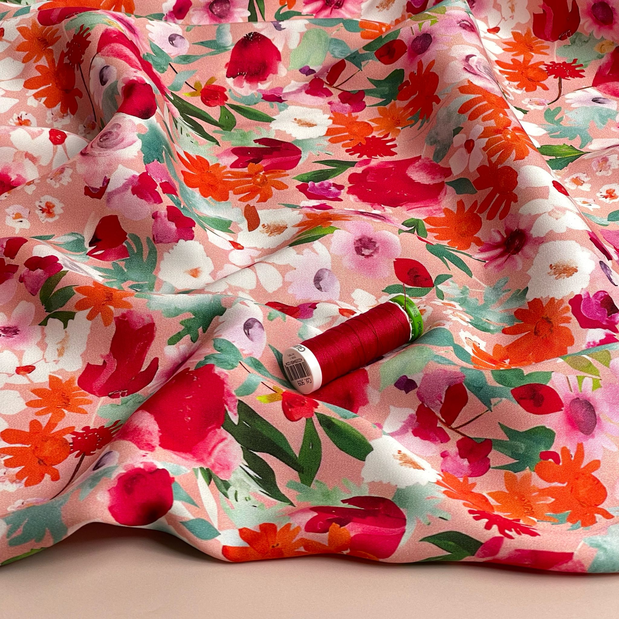 Painted Pink Meadow Viscose Sateen Fabric