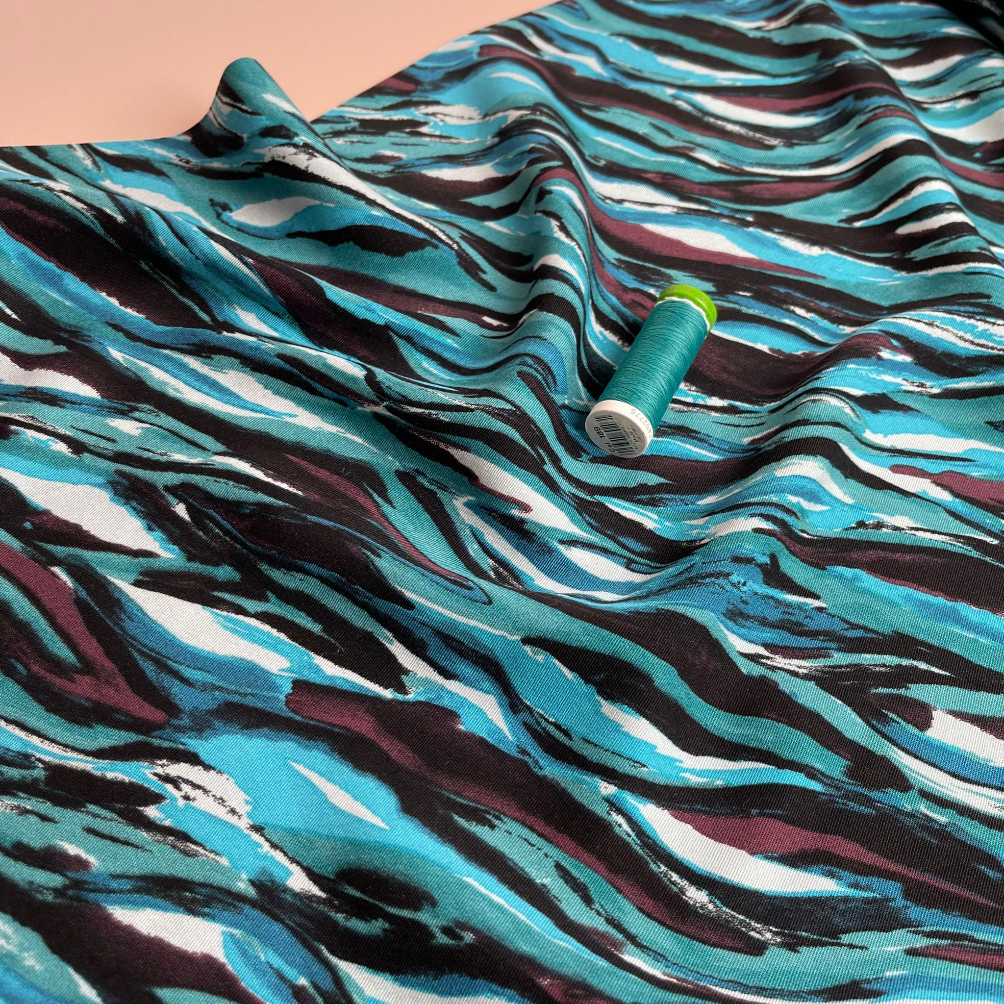 REMNANT 0.74 Metre - Waves in Petrol Viscose Twill Fabric