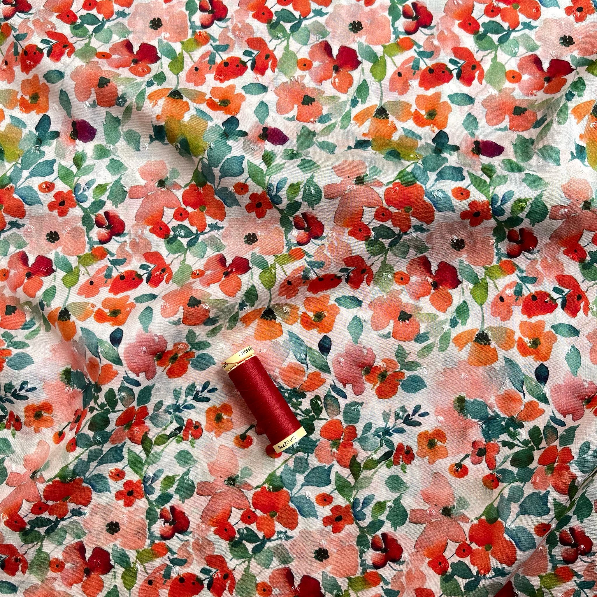 Poppy Field Blossoms on White Dobby Viscose Fabric