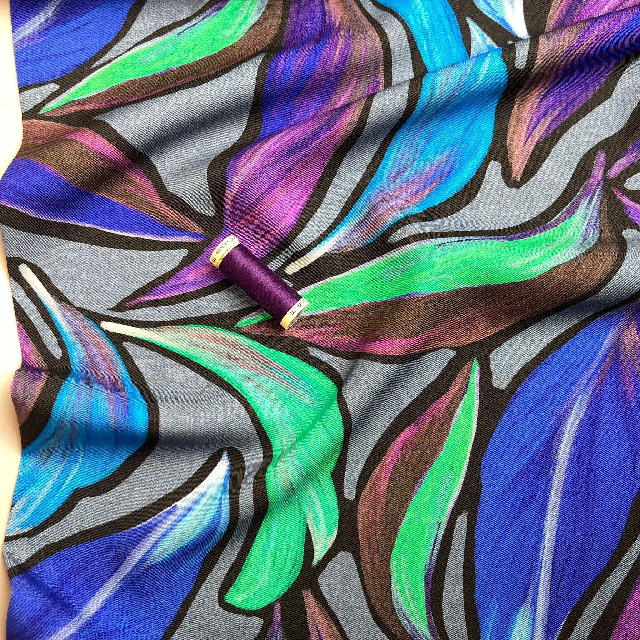 REMNANT 1.60 metres (with 3mm white spot at 45cm in) - Violet Leaves Viscose Twill Fabric