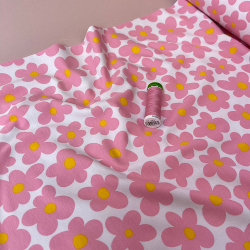 Pink Flowers on White Cotton Jersey Fabric