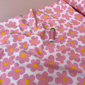 Pink Flowers on White Cotton Jersey Fabric