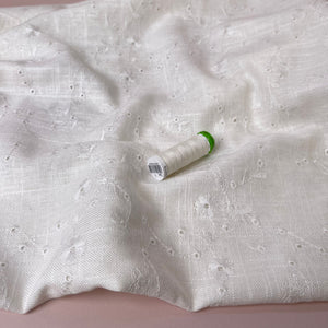 Floral Vines on White Embroidered Viscose Linen Fabric