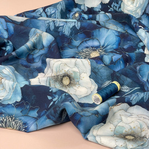 Peony Blooms on Blue Viscose Fabric