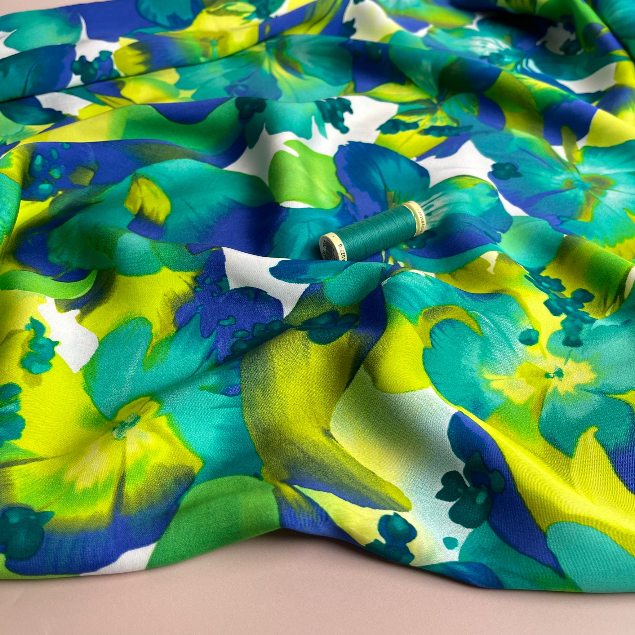 Vibrant Blooms in Cobalt and Lime Viscose Sateen Fabric