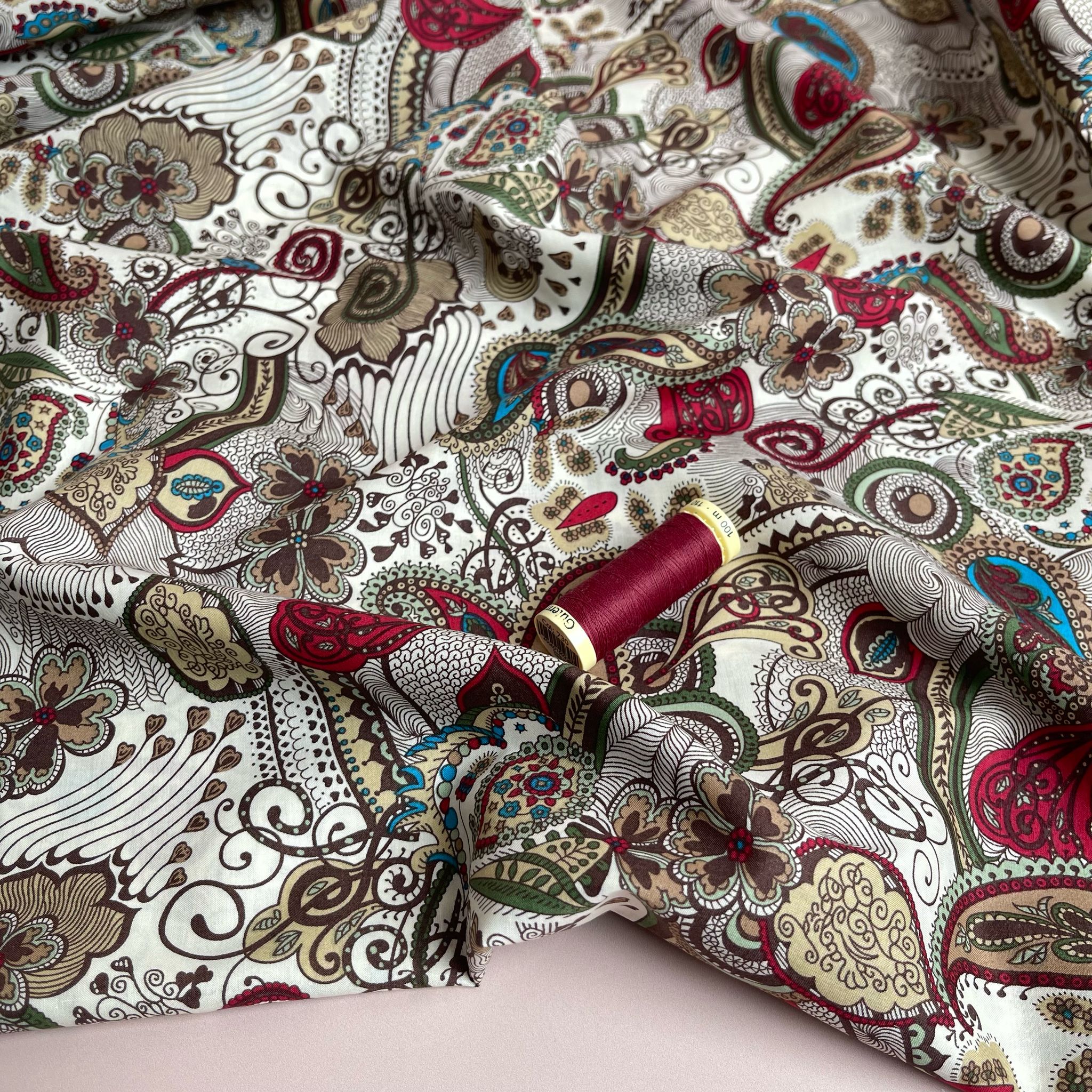 Autumn Paisley on White Cotton Lawn Fabric