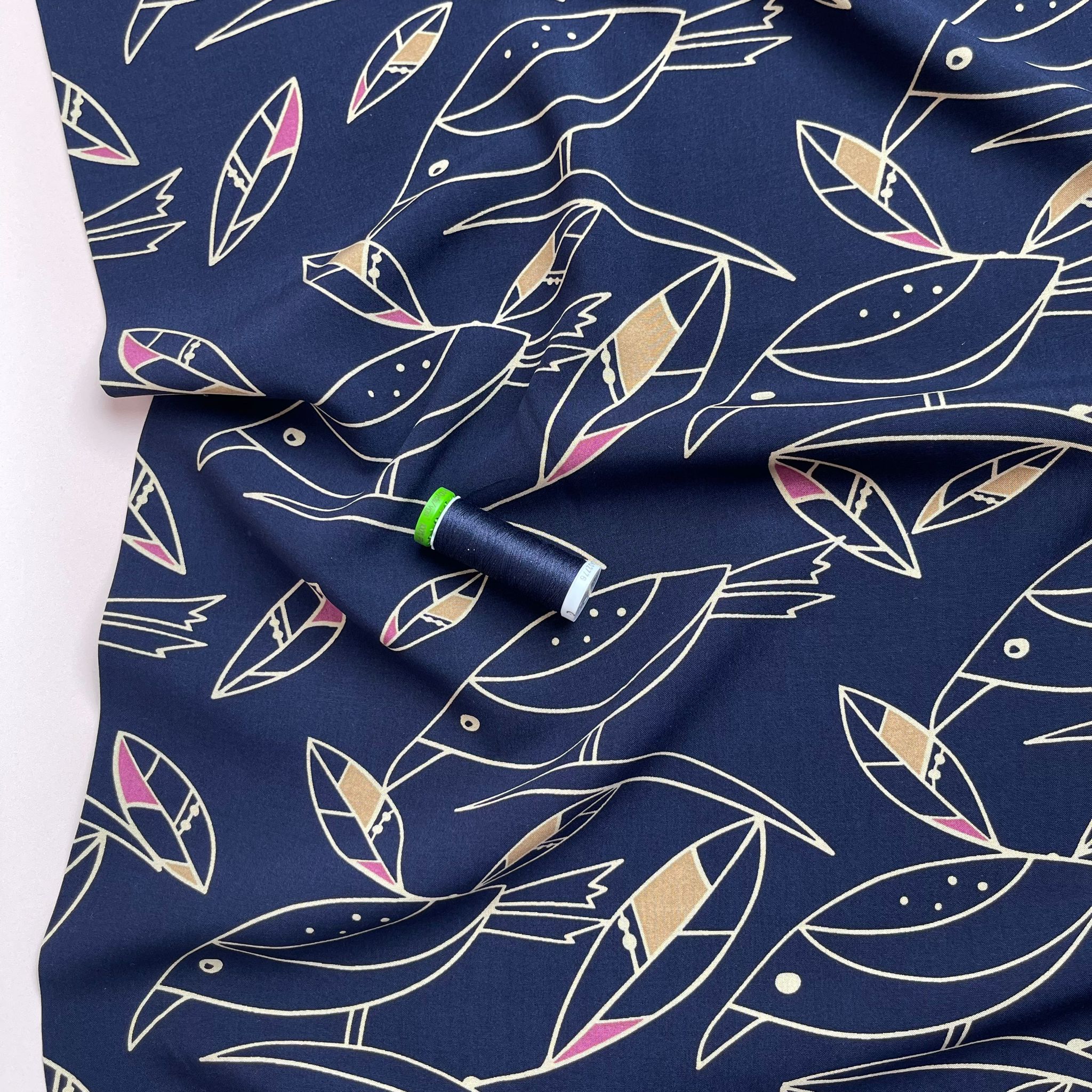 REMNANT 2 Metres - Graphic Birds Pink on Navy Viscose Poplin Fabric