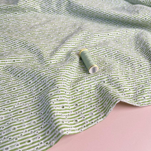 Spring Green Striped Broderie Anglaise Cotton Fabric