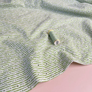 Spring Green Striped Broderie Anglaise Cotton Fabric