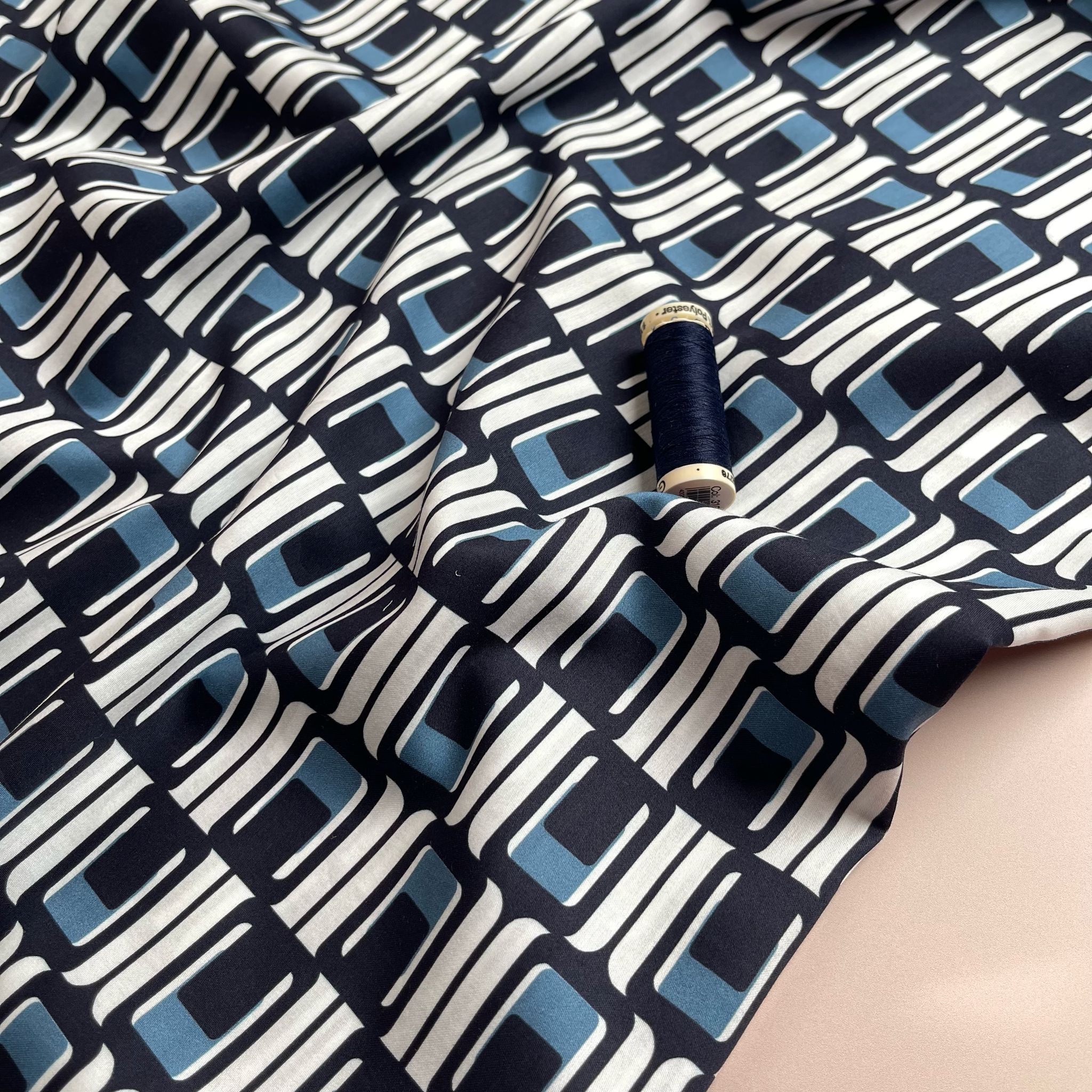 Deadstock Navy and Blue Geo Cotton Sateen Fabric