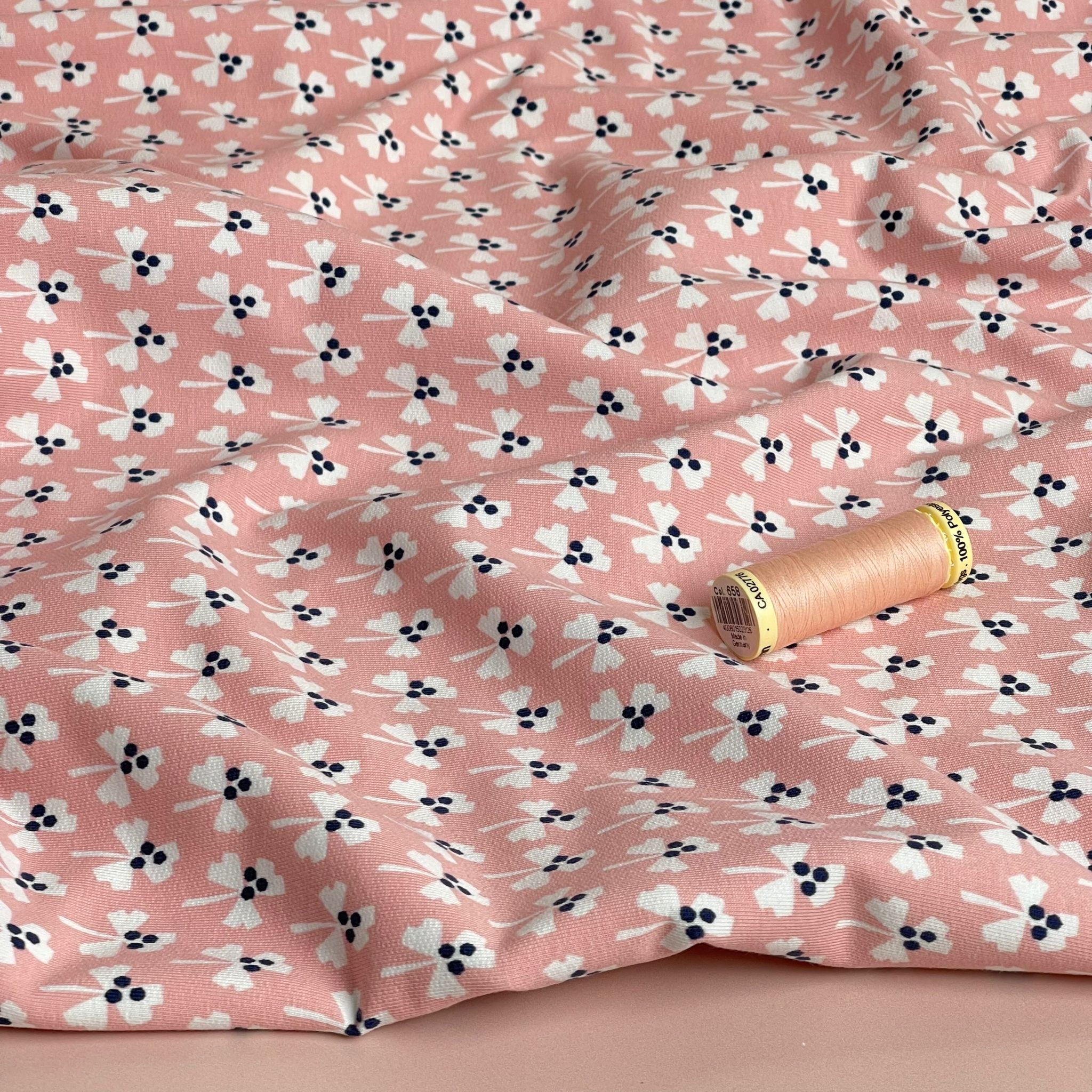 Monochrome Clovers on Pale Pink Cotton French Terry