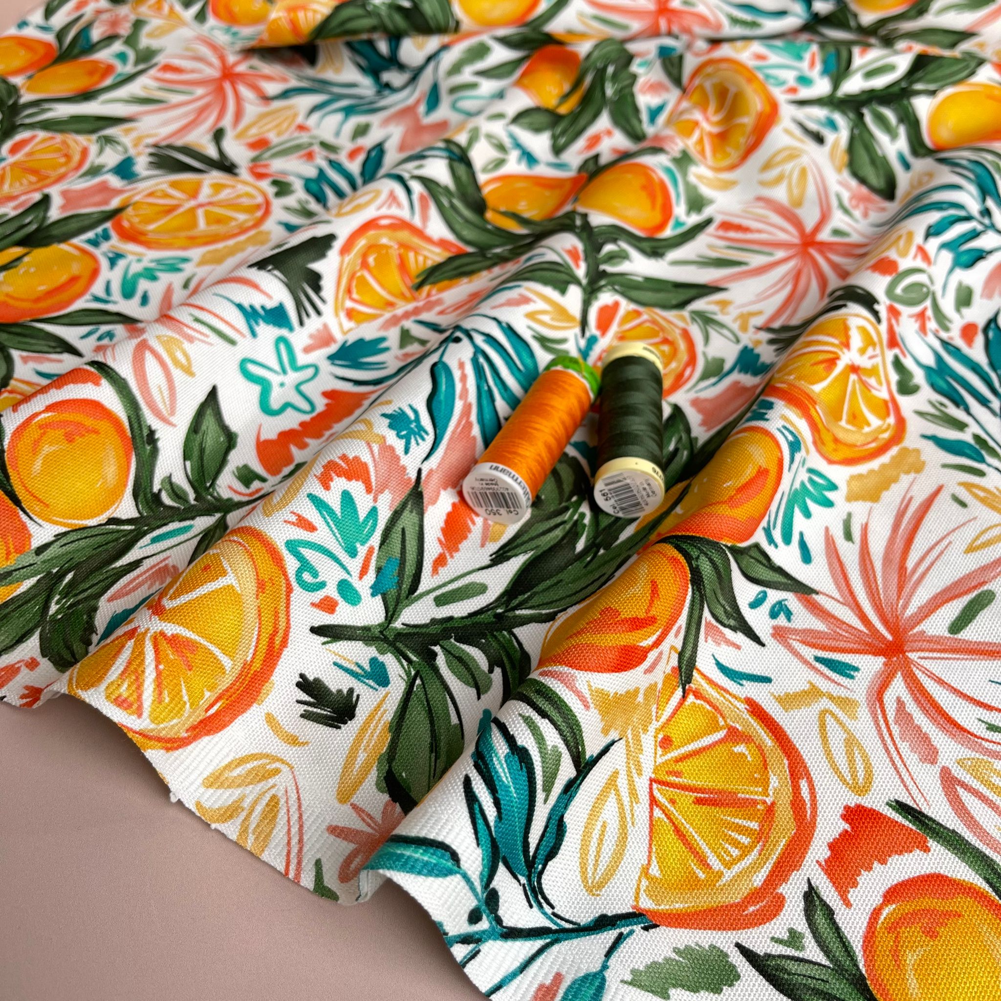 Orange Grove on White Cotton Canvas Fabric