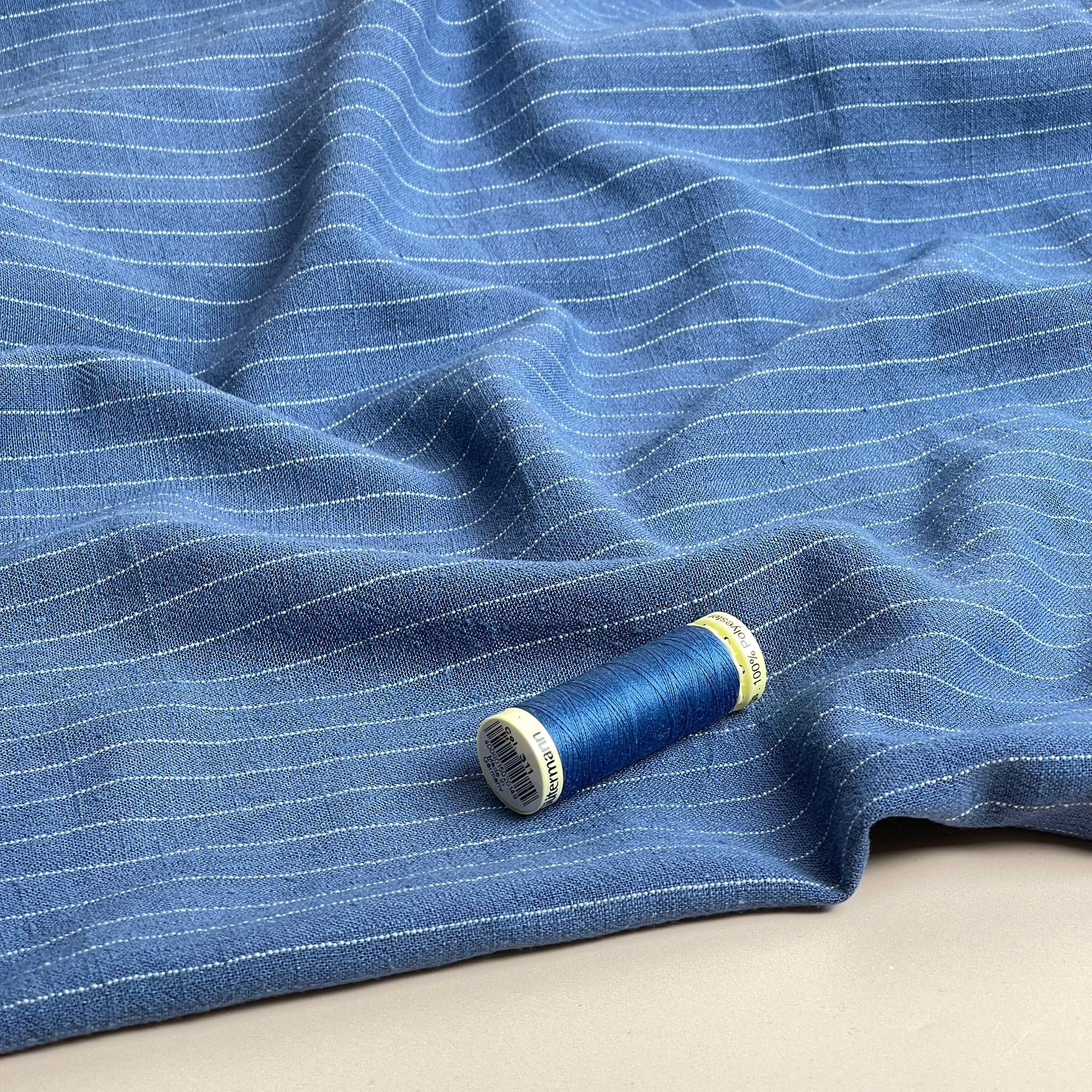 REMNANT 1.45 metres - Denim Pinstripe Viscose Linen Noil Fabric