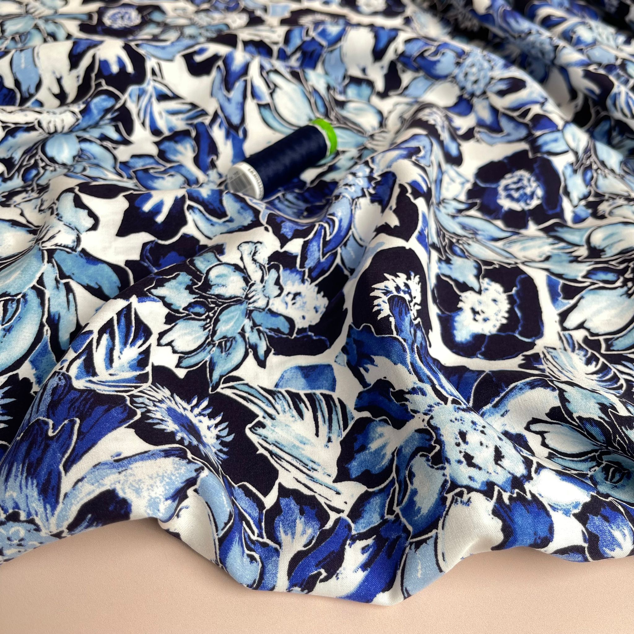 Blue Watercolour Floral Viscose Poplin Fabric
