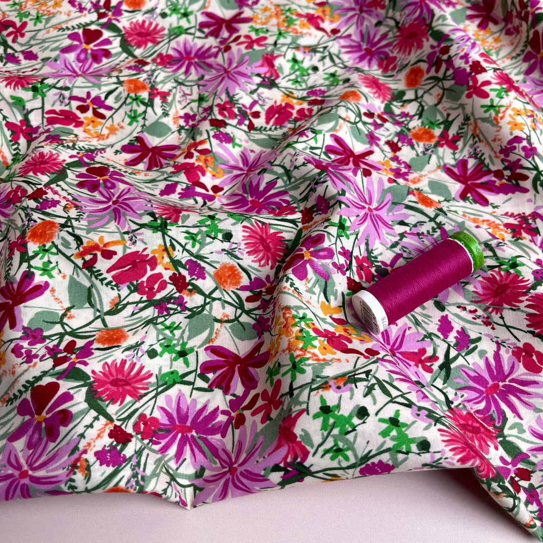 Magenta Meadow on White Cotton Lawn Fabric