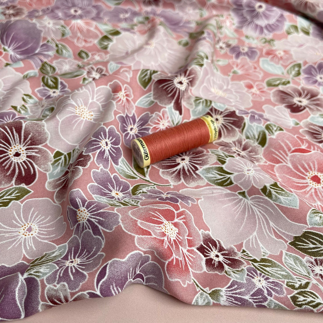 Mauve Blossoms on Rose Pink Viscose Fabric