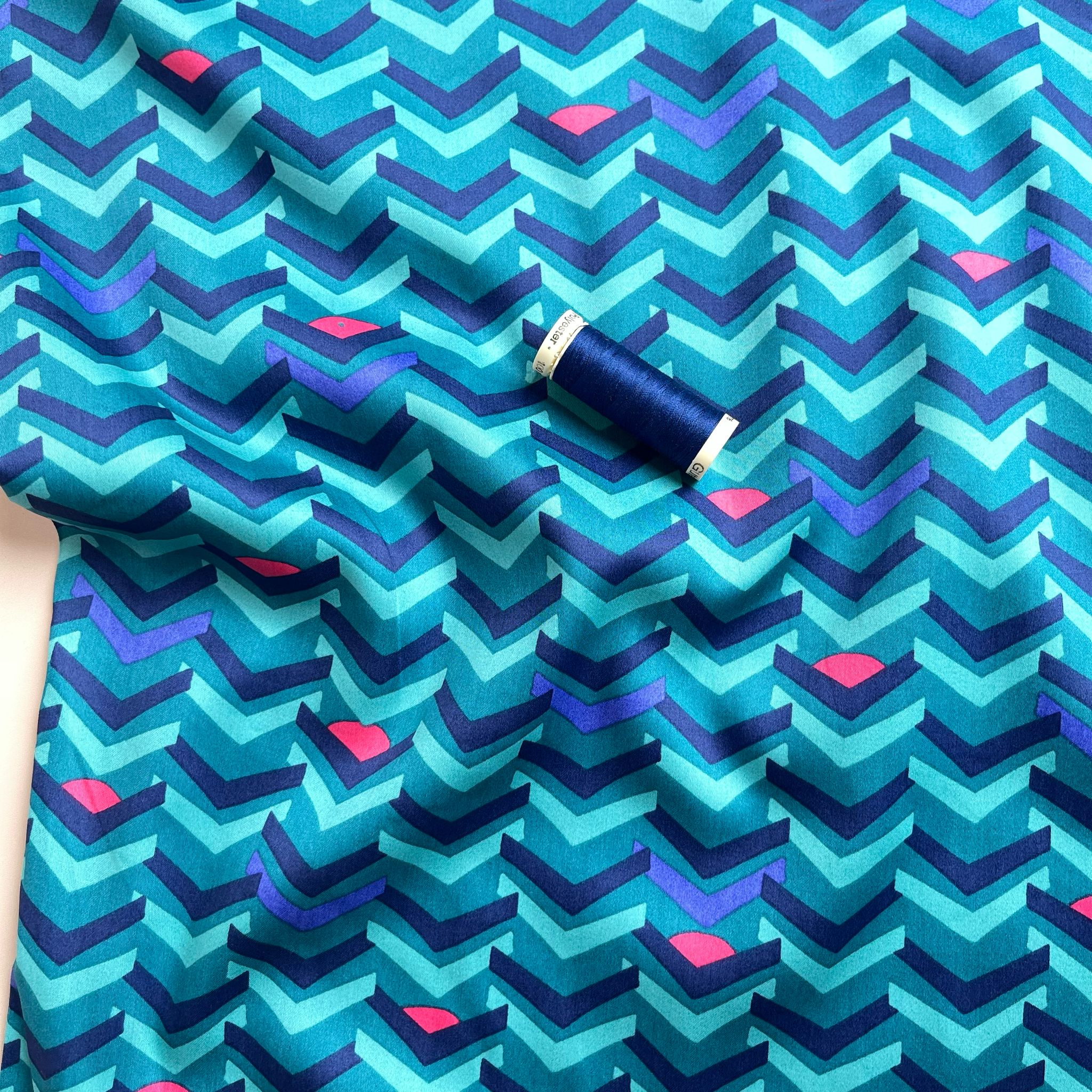 Abstract Teal Chevrons Cotton Sateen Fabric