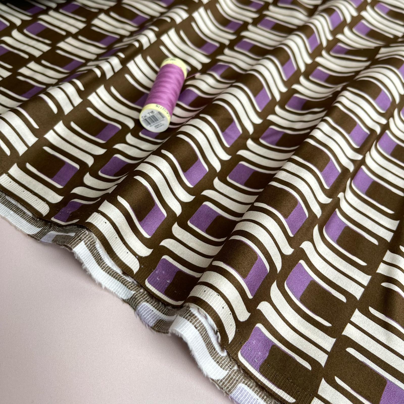 Deadstock Brown and Purple Geo Cotton Sateen Fabric