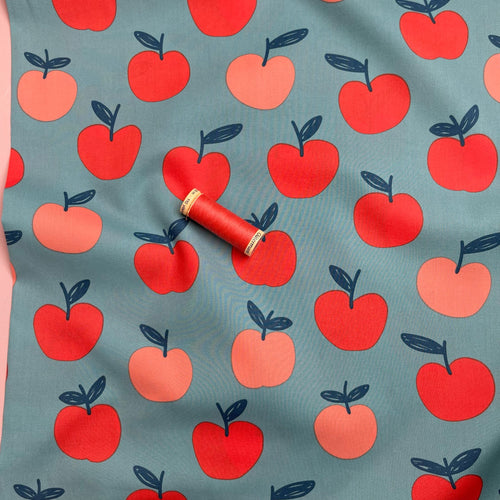 Funky Apples on Turquoise Cotton Poplin Fabric