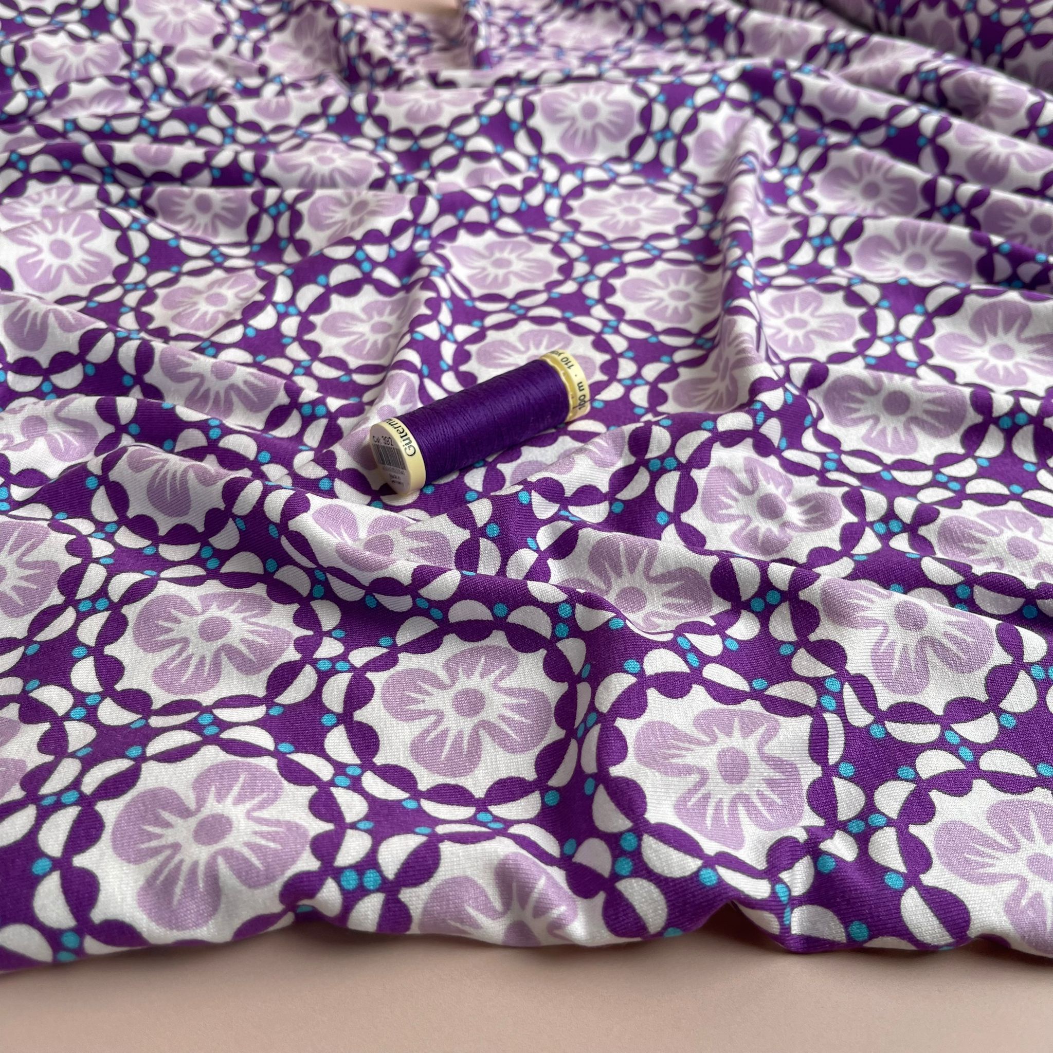 Mosaic Flowers in Purple Viscose Jersey Fabric