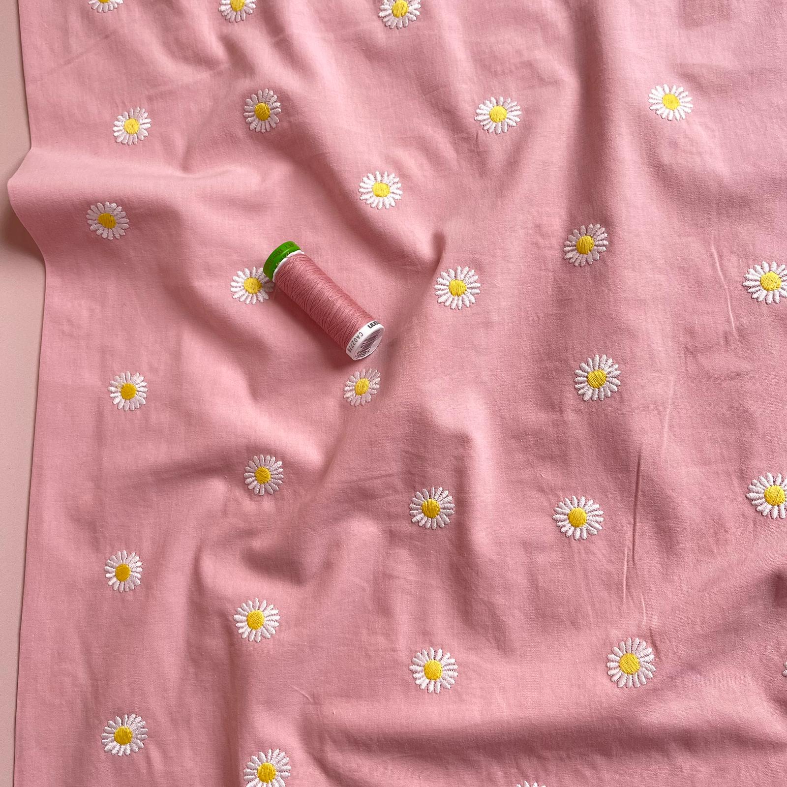 Embroidered Daisies on Pink Cotton Poplin