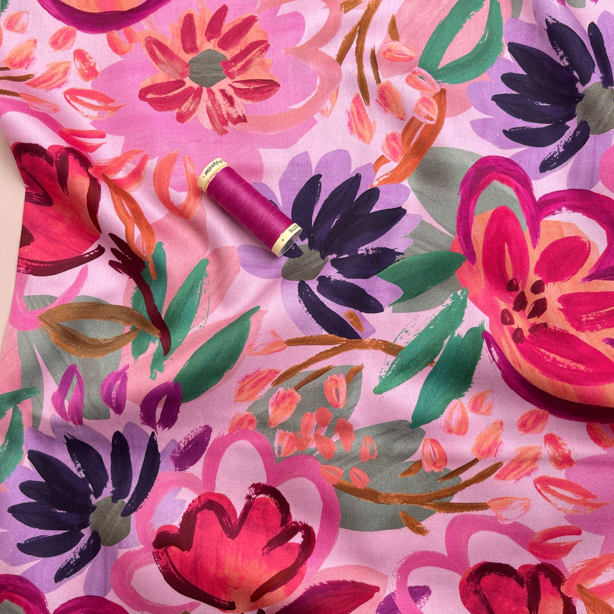 Painted Spring Garden on Pink Cotton Sateen Fabric