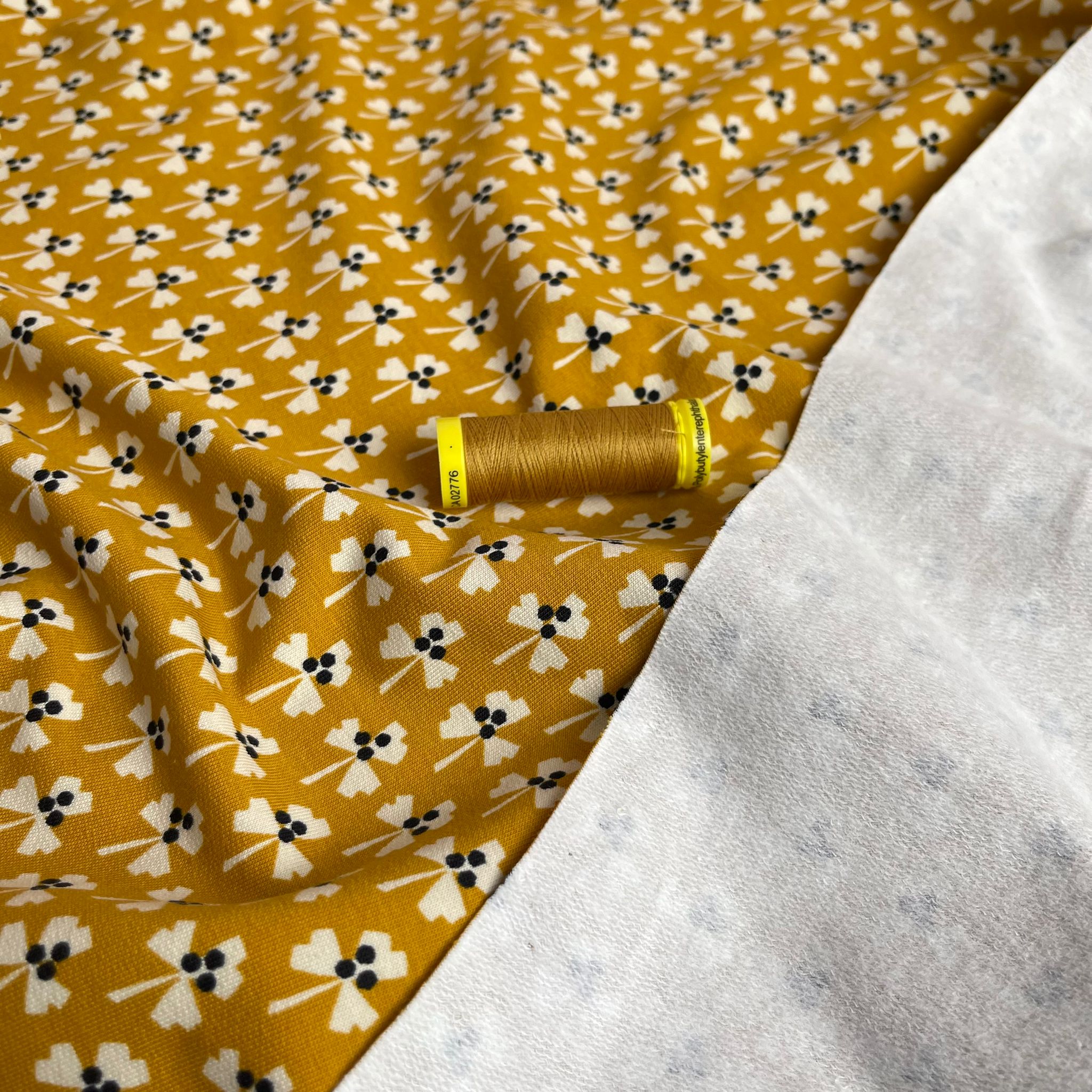 Monochrome Clovers on Yellow Cotton French Terry