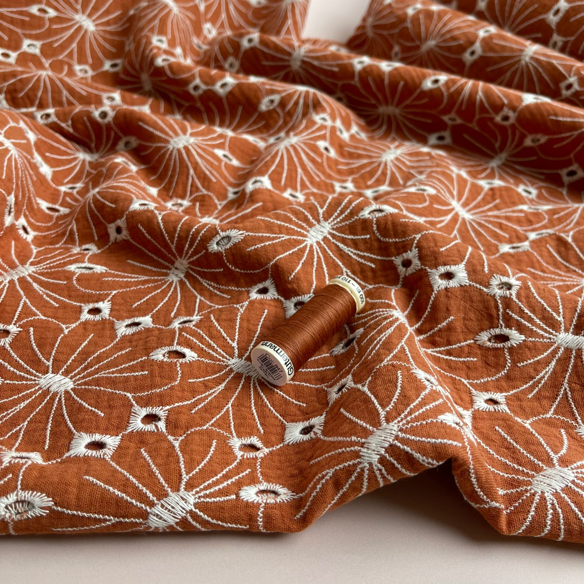 REMNANT 0.6 Metre - Embroidered Flowers on Rust Cotton Double Gauze