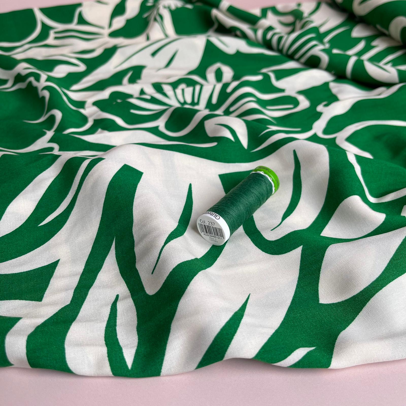 White Blooms on Emerald Green Viscose Fabric