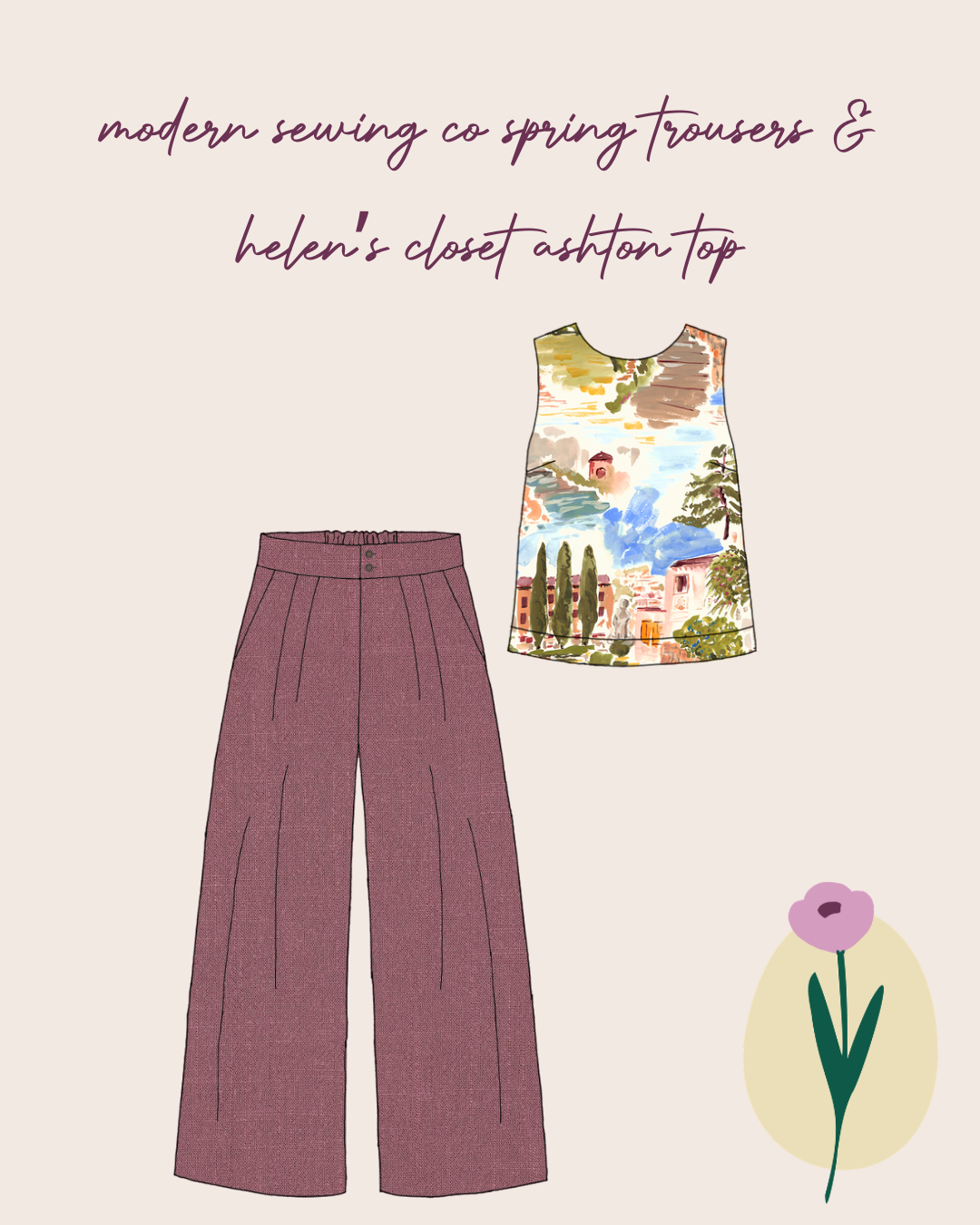 Make An Outfit Colour Bundle and Sewing Kit - Ashton Top and Spring Trousers in Italian Landscape & Plum Flow Linens