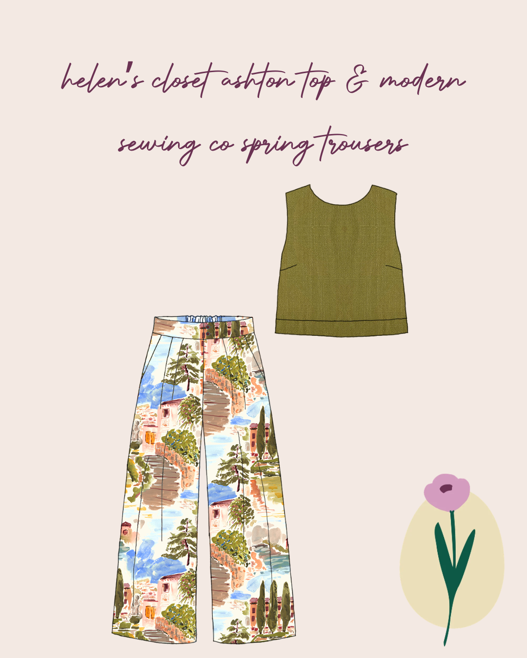 Make An Outfit Colour Bundle and Sewing Kit - Ashton Top and Spring Trousers in Italian Landscape & Olive Flow Linen