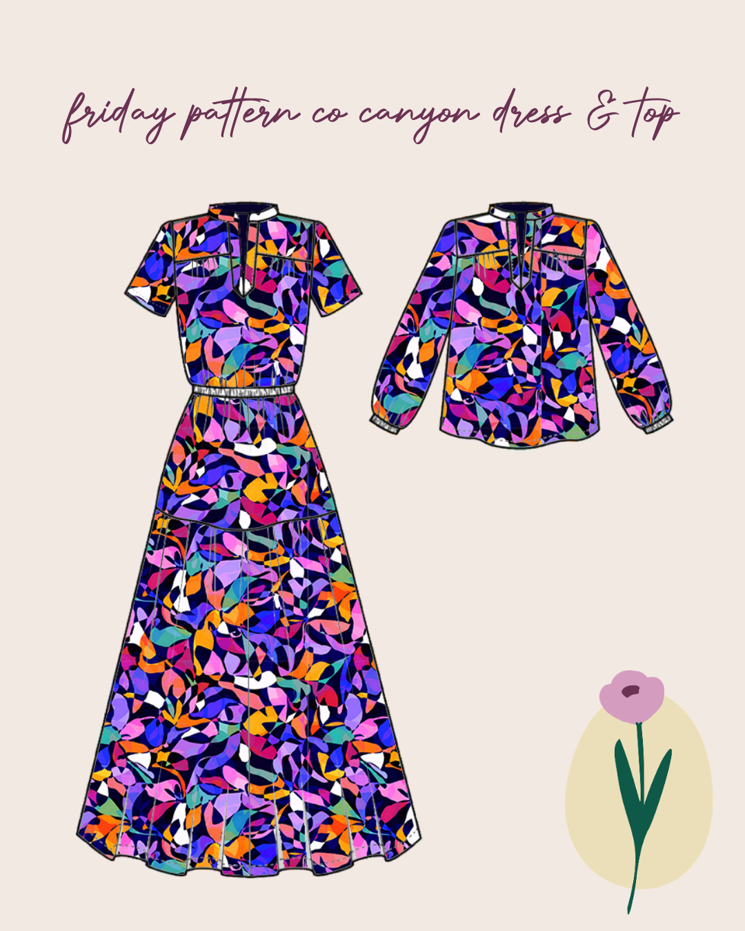 Sewing Kit - The CANYON Dress & Top in Rainbow Leaves Viscose Fabric