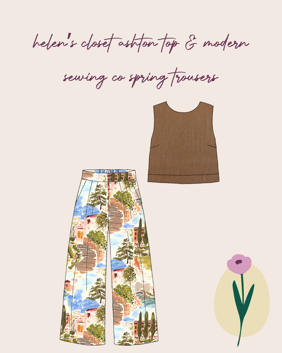 Make An Outfit Colour Bundle and Sewing Kit - Ashton Top and Spring Trousers in Italian Landscape & Brown Flow Linens