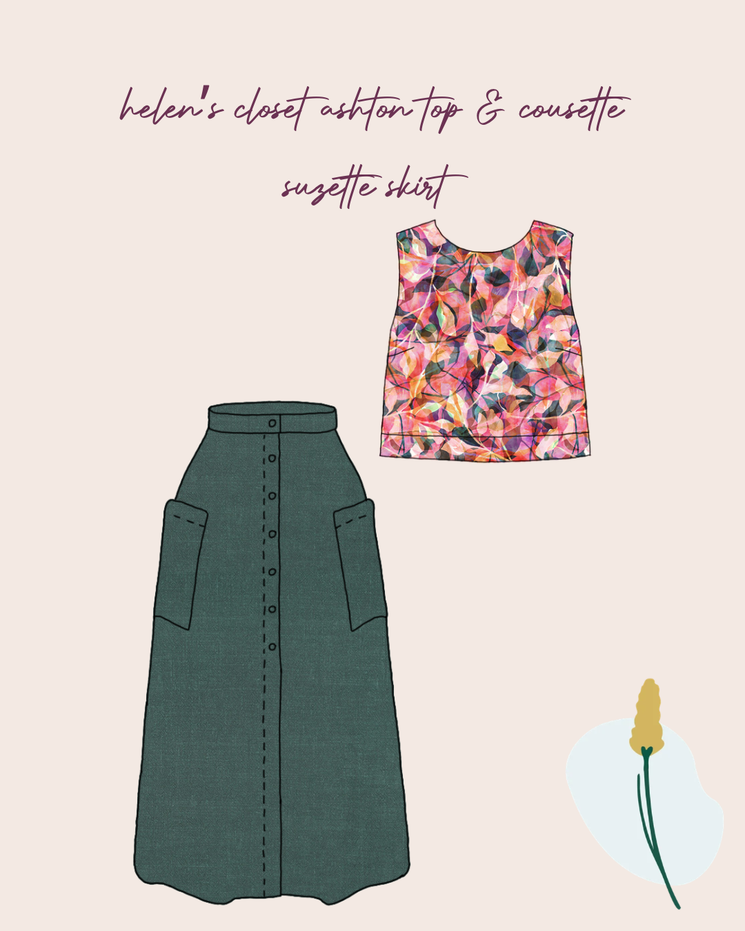 Make An Outfit Colour Bundle and Sewing Kit - Ashton Top and Suzette Skirt in Painted Foliage & Bottle Green Flow Linen