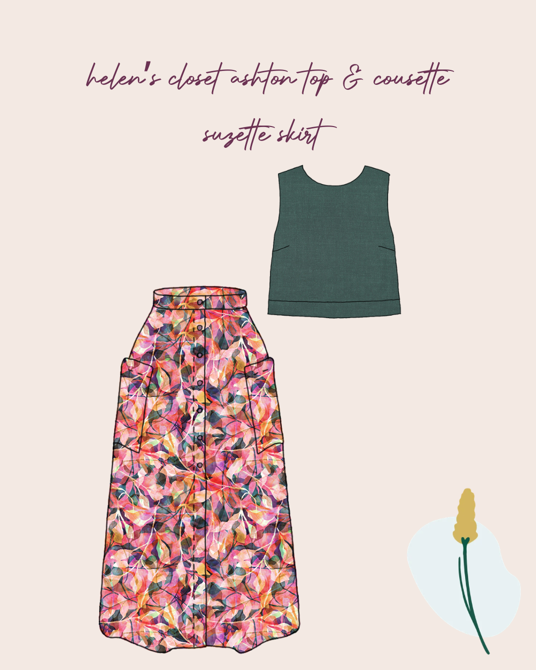 Make An Outfit Colour Bundle and Sewing Kit - Ashton Top and Suzette Skirt in Painted Foliage & Bottle Green Flow Linen