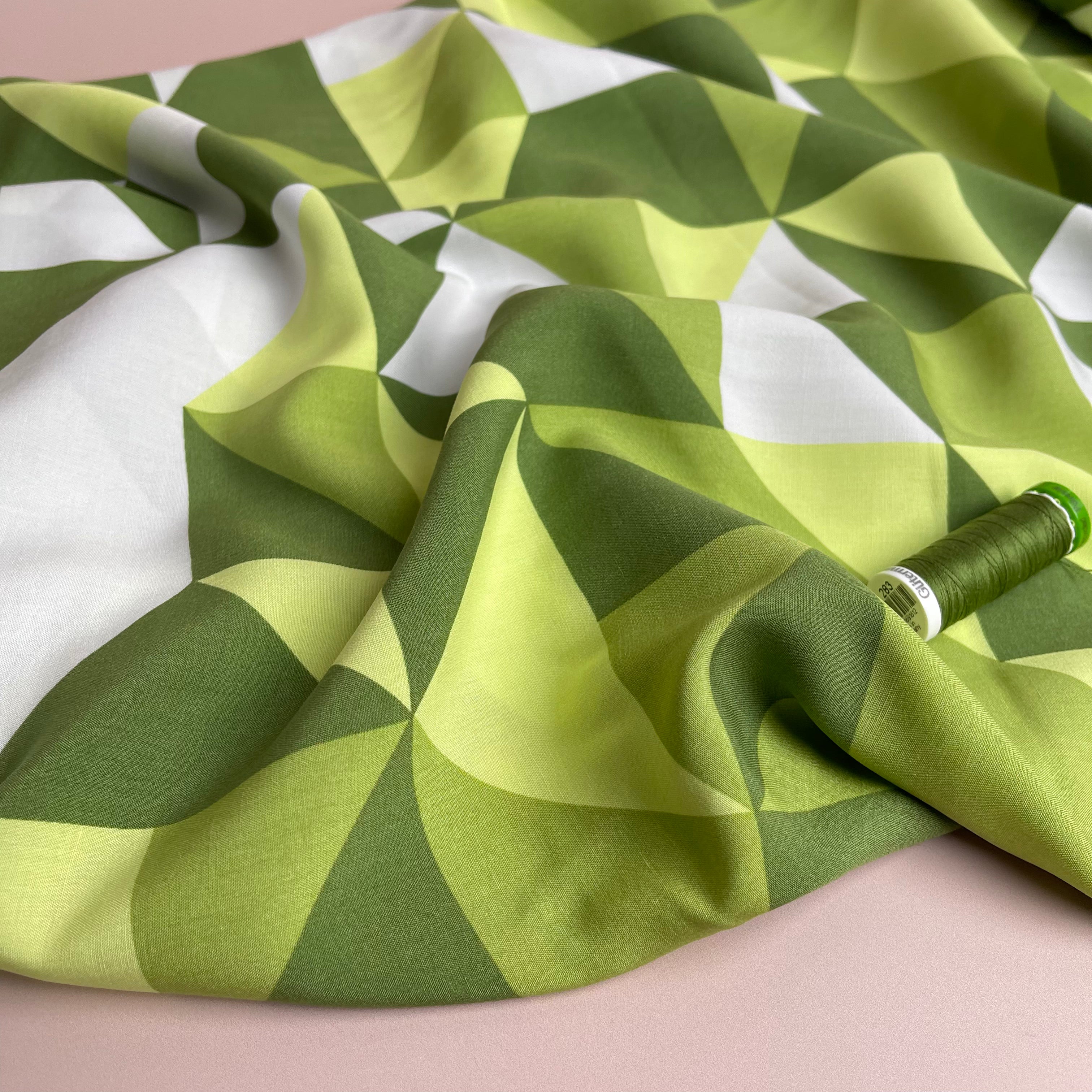 REMNANT 2.20 Metres - Green Puzzle Viscose Poplin Fabric