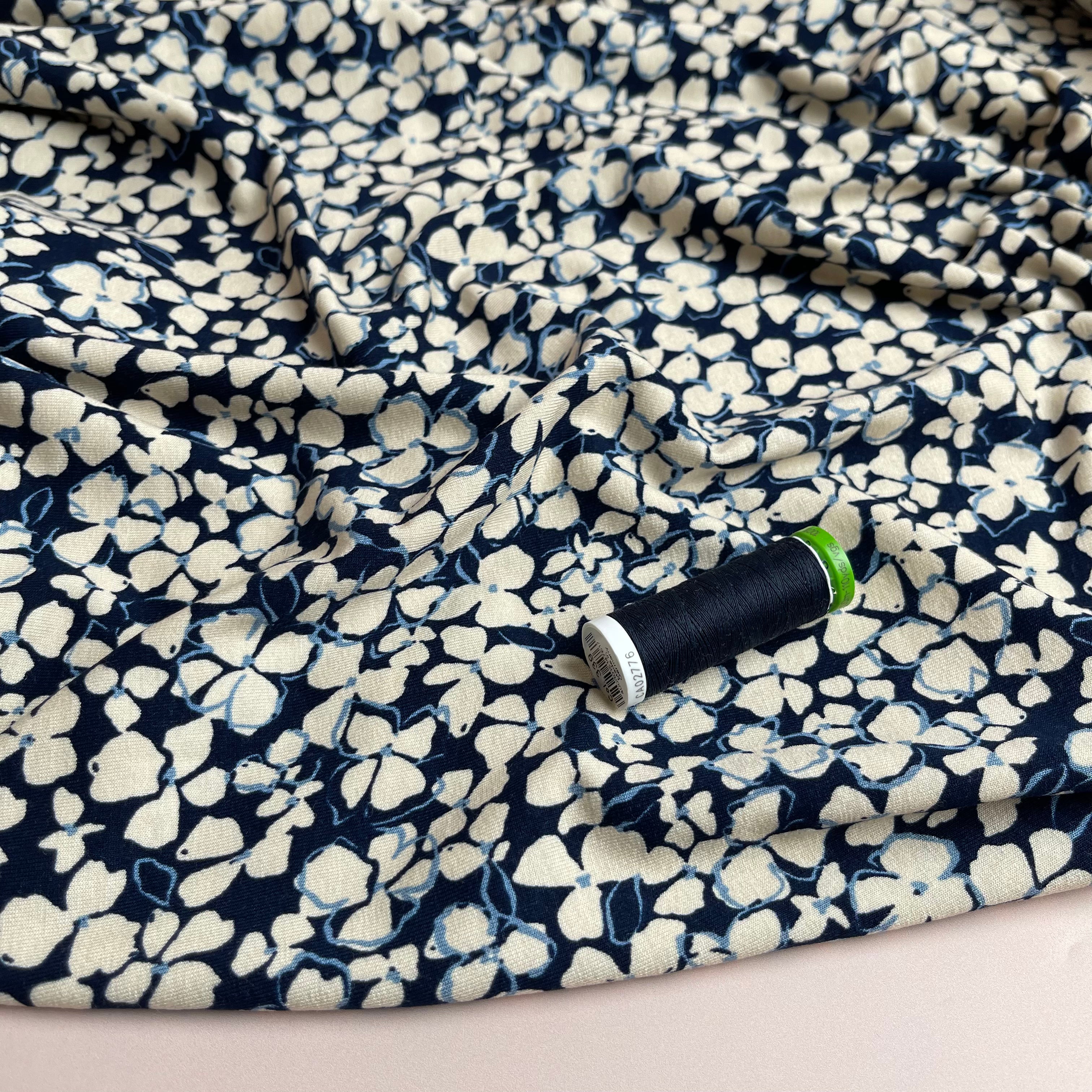 REMNANT 2.09 Metres - Petals on Navy Viscose Jersey Fabric